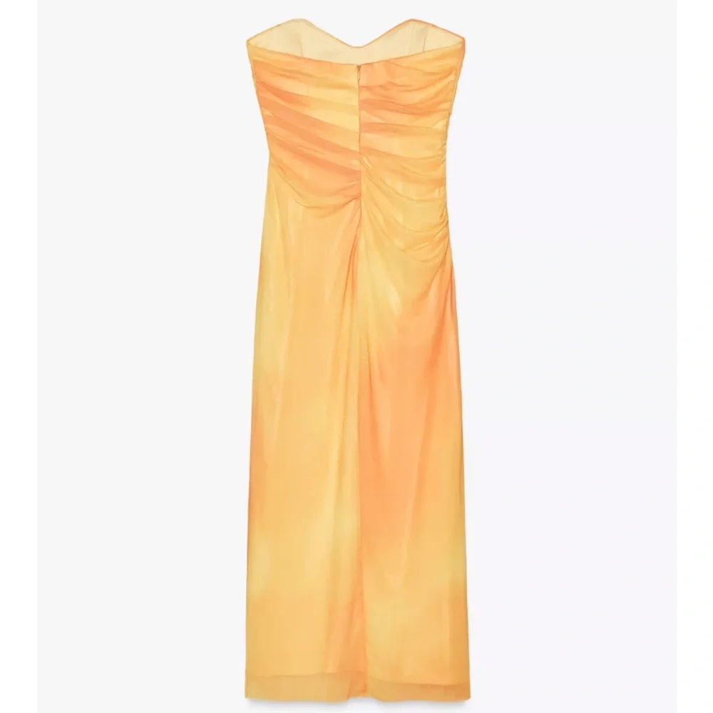 Zara NWT yellow orange tie dye printed tulle midi draped ruched sweetheart dress - Picture 14 of 15